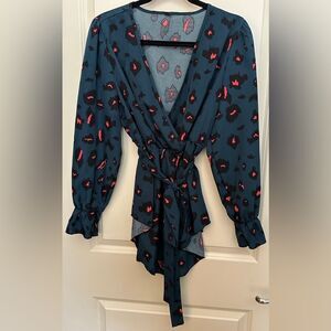 Blue Leapord Print Wrap Tunic Long Women’s Top